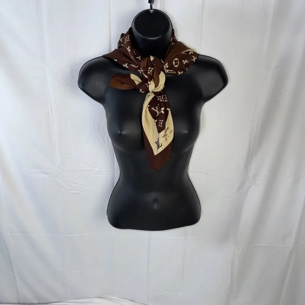 LOUIS VUITTON Monogram Silk Scarf Large Brown 78 x 80cm Authentic Vintage